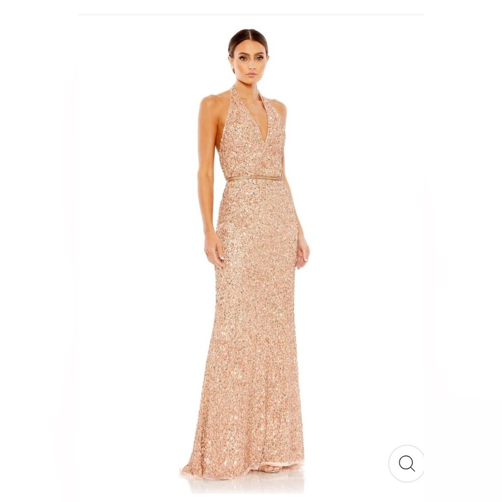 NWT Mac Duggal Gold Sequin Backless Halter Dress, Size 4